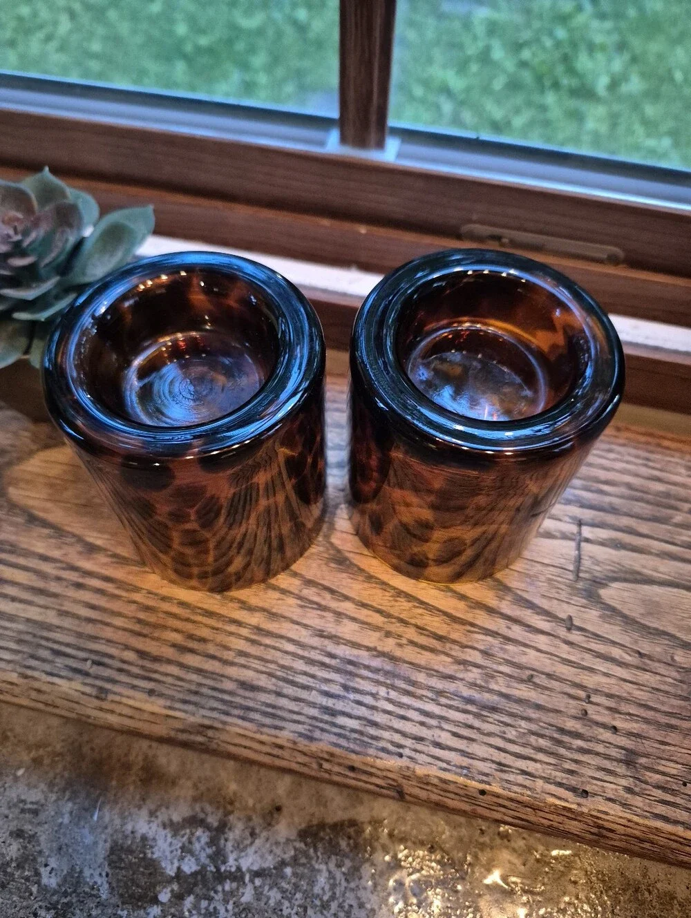 2pc. New Glass Tortoise shell Blown Glass Tealight Candle Holders Set
